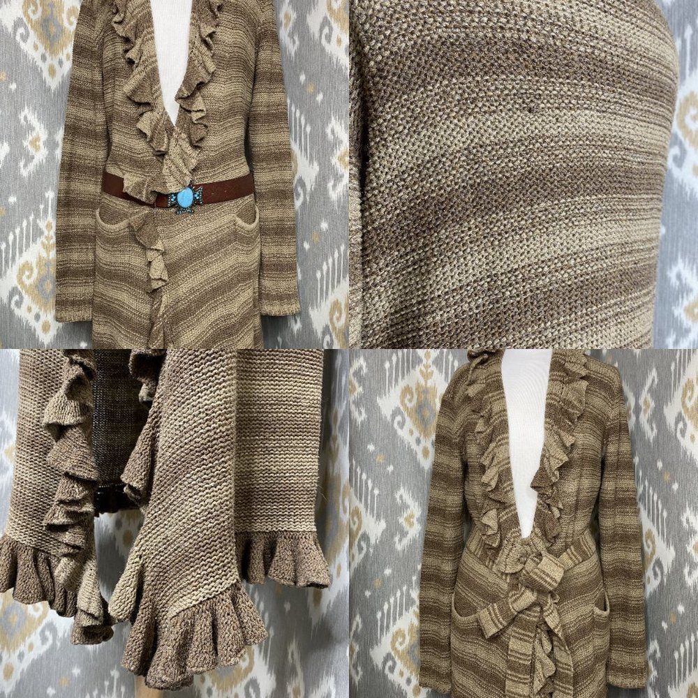 Ralph Lauren Olive Stripe Blanket Stitch Silk Hand Knit Ruffle CardiCoat - Picture 11 of 15
